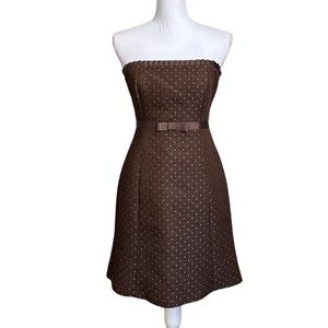 Jill Michelle Strapless Brown Pink Brocade Bow Ruffle Polka Dot Dress Size 4